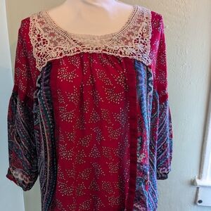 Bohemian Red and Blue Blouse with Lace Detail